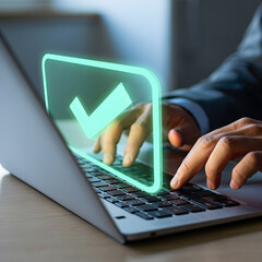 Digital Task Approval Checkmark on Secure Business Laptop