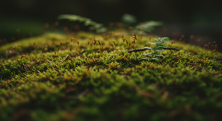 Closeup View of Delicate Moss and Ferns in a Forest Floor