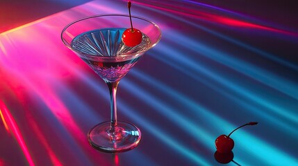 A close-up view of a cocktail in a stylish martini glass, featuring amber-colored liquid with a glossy surface.