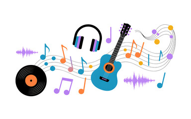 Obraz premium Flat-style illustration of music-themed elements including vinyl, guitar, notes, and headphones on white background in PNG format