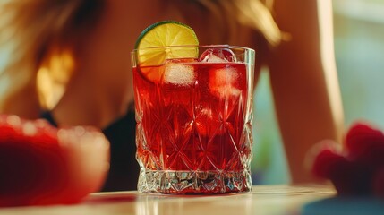 A short cocktail glass filled with vibrant red liquid and ice cubes, garnished with a lime wedge.