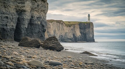 Rocky shoreline with large gray boulders scattered across the foreground, leading towards a small, grassy island.