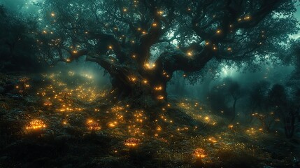 Fototapeta premium A mystical forest shrouded in fog, gnarled trees with twisted branches reaching towards the sky, glowing mushrooms illuminating the shadowy undergrowth, the hoot of an owl echoing in the distance