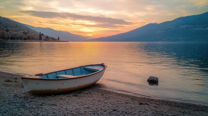 A tranquil lakeside scene at sunset, showcasing a calm body of water reflecting vibrant orange and yellow hues in the sky.