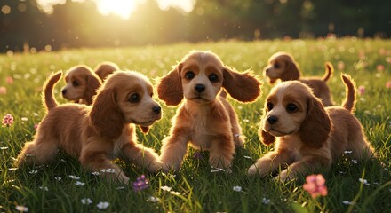 Cute Puppies Relaxing in Grassy Field with Wildflowers at Sunset