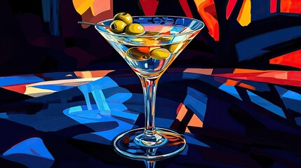 Close-up of a martini glass filled with a clear cocktail, featuring two green olives with red pits at the bottom.