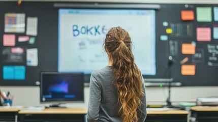 A teacher in a classroom stands beside a digital screen displaying a simple drawing of a dog and the name brooklynn written above.
