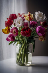Obraz premium Brightly Colored Tulips and Peonies in Clear Glass Vase on White Background in Natural Light with Airy Elegant Botanical Photography Style.
