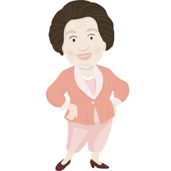 A cute cartoon illustration of an elderly woman with a warm smile, wearing a pink outfit and pearls.
