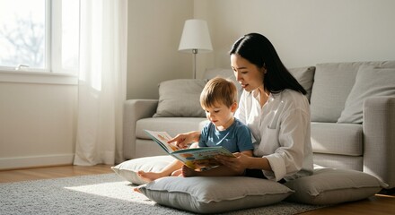 Mother reading book to child at home, family time together, early learning and development concept