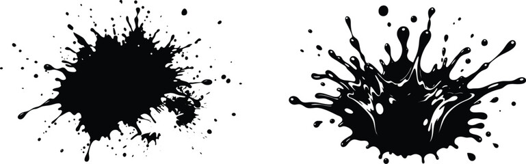 black ink splashes, black ink splat, black and white ink splashes on white background.