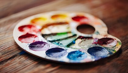 Vibrant colorful paint palette on wooden surface