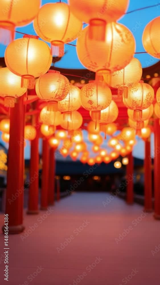 Poster vertical video of traditional lanterns glow warmly evening background, creating festive atmosphere a
