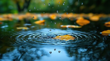 A photograph of raindrops falling into a puddle, creating ripples and splashes that distort the reflected image of the surrounding environment, capturing a fleeting moment of natural beauty