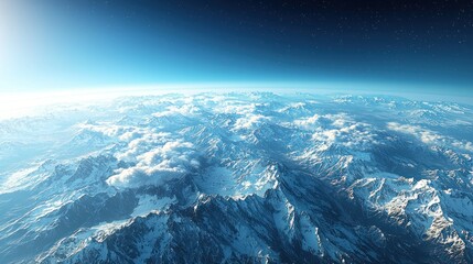 High-altitude view of a snow-capped, mountainous planet