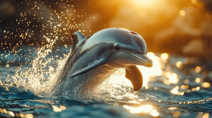 A playful dolphin leaping gracefully out of the sparkling blue ocean water, silhouetted against a bright, sunny sky