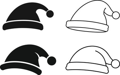 set of christmas hat with santa icons, christmas icons set,  santa wearing hat silhouette lineart icon set on white background.