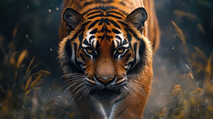 Naklejka premium A powerful tiger with its striking orange and black stripes walking through tall grass in the jungle, its eyes focused on its surroundings
