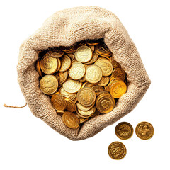 top-down view of a sack filled with gold coins on white background


