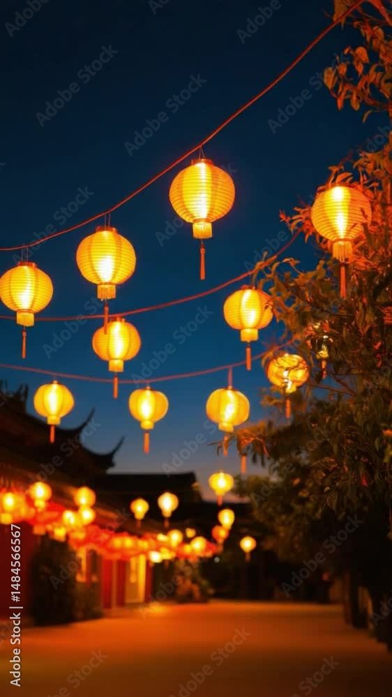 Poster vertical video of glowing lanterns create festive background dusk outdoor setting with warm light, v