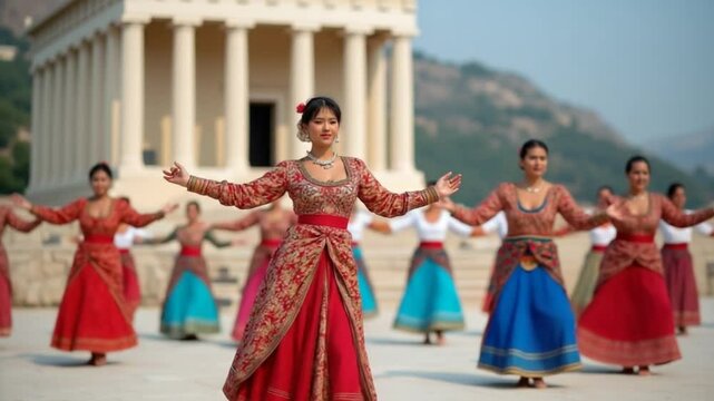 Traditional dancers in vibrant costumes performing outdoors with a blurred background of a building resembling Greek architecture