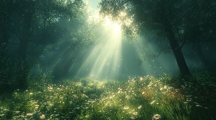 A quiet, misty morning in a forest, with sunlight filtering through the fog and illuminating the dew-covered undergrowth