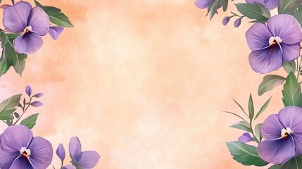 Fototapeta premium Soft Watercolor Floral Frame with Purple Pansies and Peach Background