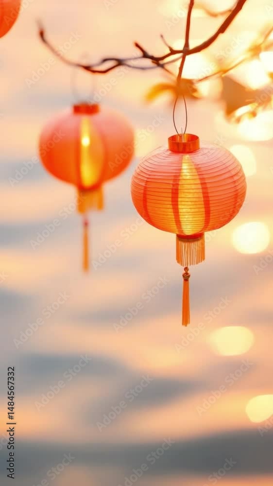 Poster vertical video of traditional lanterns hanging branch with glowing sunset background reflecting wate