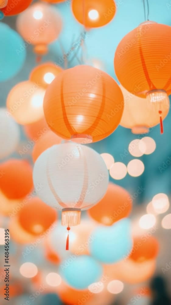 Poster vertical video of colorful orange and white paper lanterns hang against soft blue background with gl