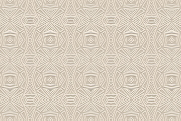 Geometric white background, tribal cover design, banner for design. Ethnic 3D pattern, boho style. Relief ornaments, arabesques, mandala. Motives of the East, Asia, India, Mexico, Aztec, Peru.