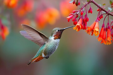 Fototapeta premium Hummingbird flying near red flowers nature scene