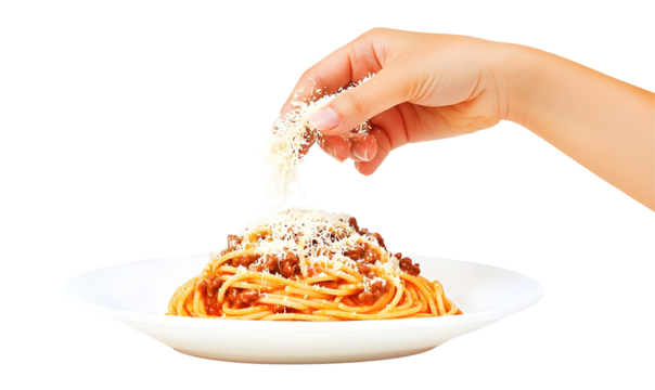 Grated cheese added to spaghetti dish
