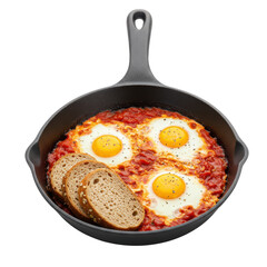 Delicious breakfast of baked eggs in a skillet served with brown bread on a table