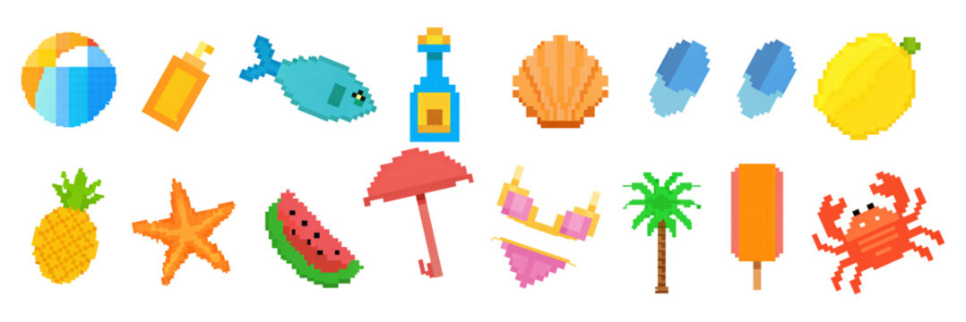 pixel summer icons. 8 bit style collection