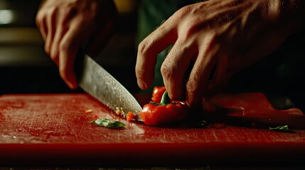A close-up image of hands chopping red onions on a bright red cutting board.