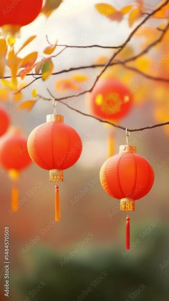 Aufkleber Vertical video of Red lanterns hanging from tree branches with autumn leaves and soft background create festive celebration and festival atmosphere