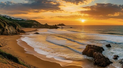 A tranquil seascape at sunset, featuring gentle waves reflecting golden and orange hues.