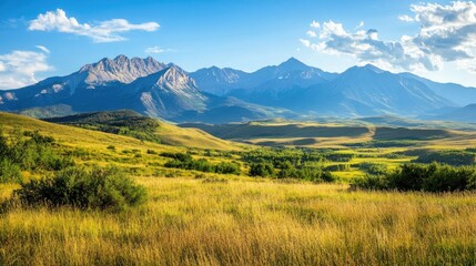 A panoramic view of a vast landscape featuring rolling hills and mountain ranges in the background, with snow-capped peaks.