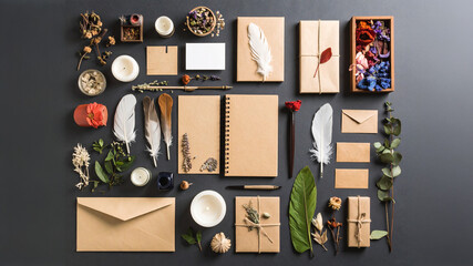 A carefully arranged flat lay featuring dried flowers, candles, aged paper, quills, and handwritten notes. Rich textures of wood, parchment, and botanical elements evoke themes of nostalgia and crafts