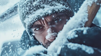 A man is clearing snow from the windshield of a car in a winter setting.
