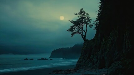 A serene coastal landscape featuring rugged rock formations emerging from the ocean, surrounded by gentle waves.