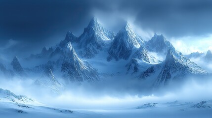 A serene, snow-covered mountain landscape with towering peaks piercing through a thick blanket of low-lying fog