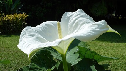 A cluster of white, bell-shaped flowers blooms atop a tall green stalk, surrounded by long, narrow sword-like leaves.
