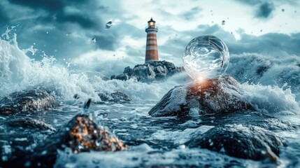 A rocky shoreline with waves crashing against dark stones in the foreground, while a small island with a lighthouse and a few trees is visible in the background.