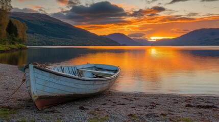 A tranquil lakeside scene at sunset, showcasing a calm body of water reflecting vibrant orange and yellow hues in the sky.