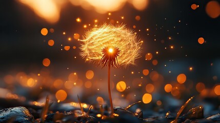 A single, glowing dandelion seed head suspended in mid-air, its delicate filaments catching the soft morning light