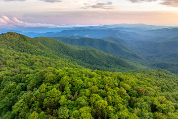 Obraz premium Great Smokey Mountains at sunrise in summer season. Mountain wooded hills in North Carolina Appalachians, USA