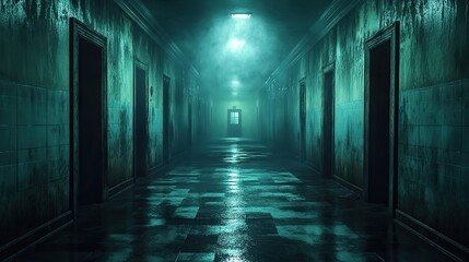 A spooky, abandoned hospital with empty corridors and flickering lights, evoking a sense of mystery and perhaps fear