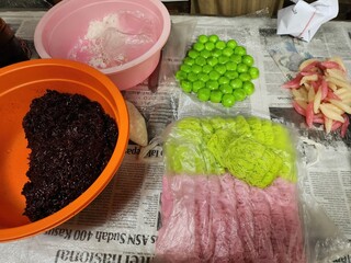 Colorful food ingredients arranged on a table.