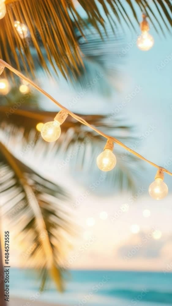 Poster Vertical video of String lights hanging palm tree create warm tropical background with dreamy sunset beach atmosphere and soft glowing bulbs
